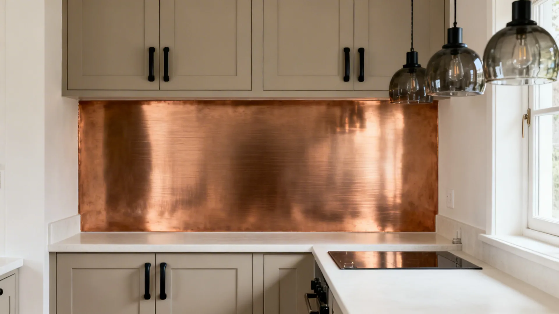 Brushed satin copper backsplash in a small family kitchen with greige cabinets.