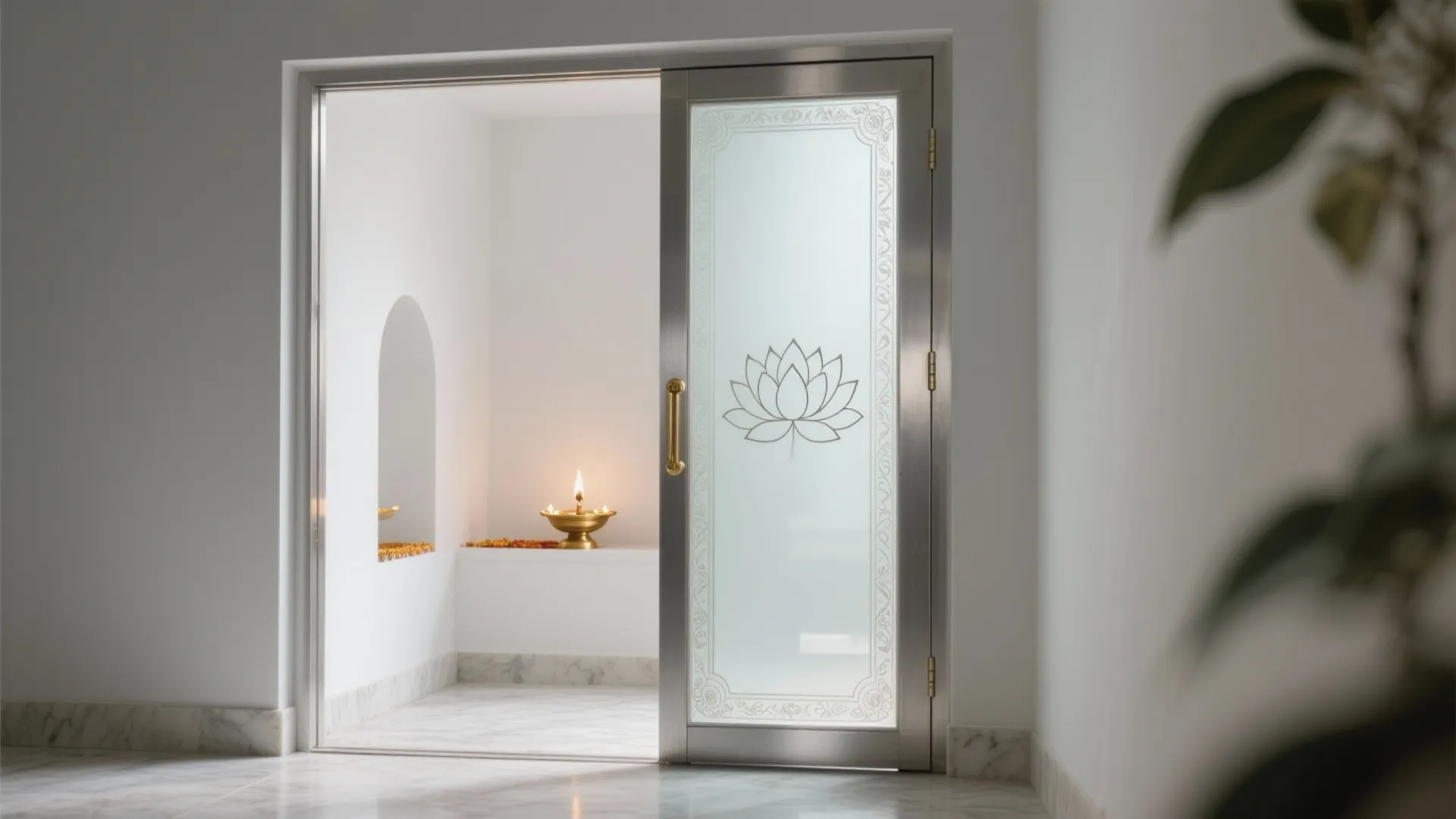 Glass door with lotus flower pattern opening into a white room with one small lamp