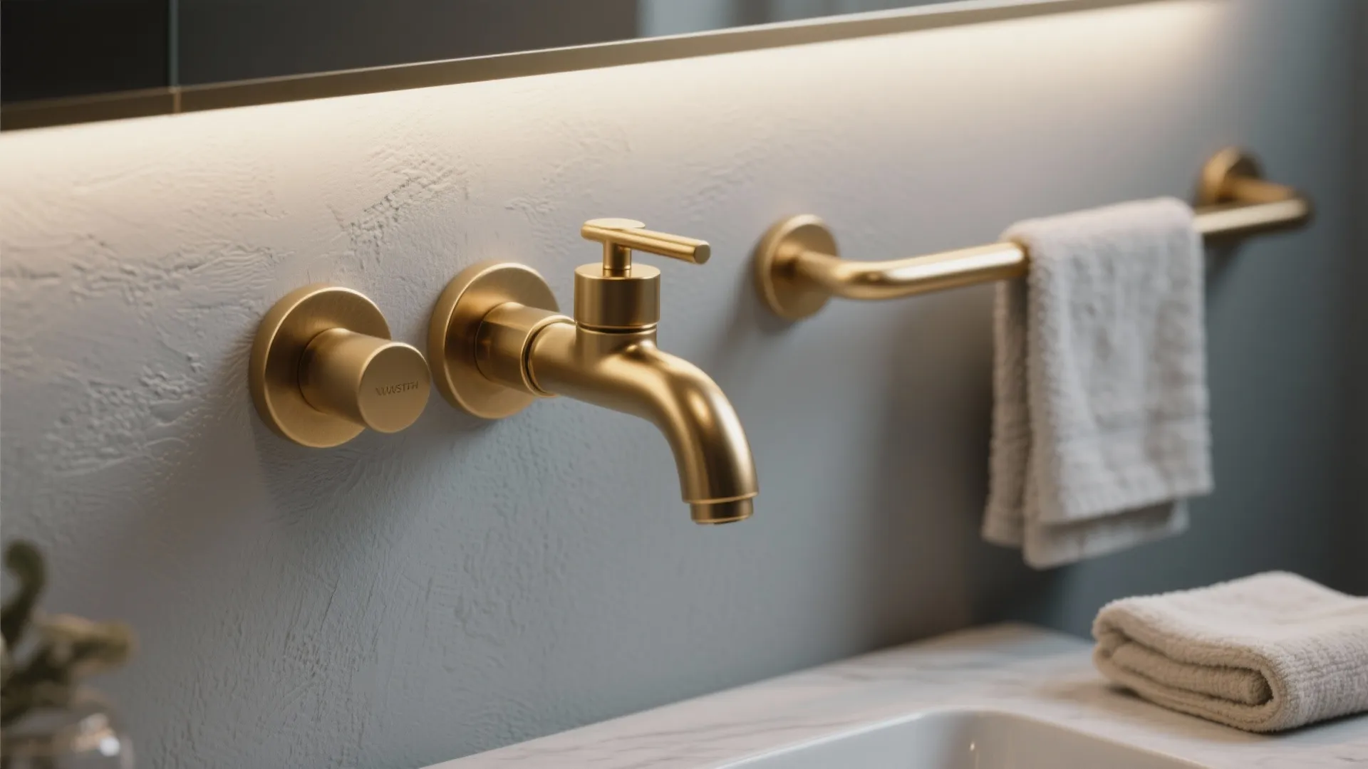 1. Soft Dove Grey Walls + Brushed Gold Fixtures