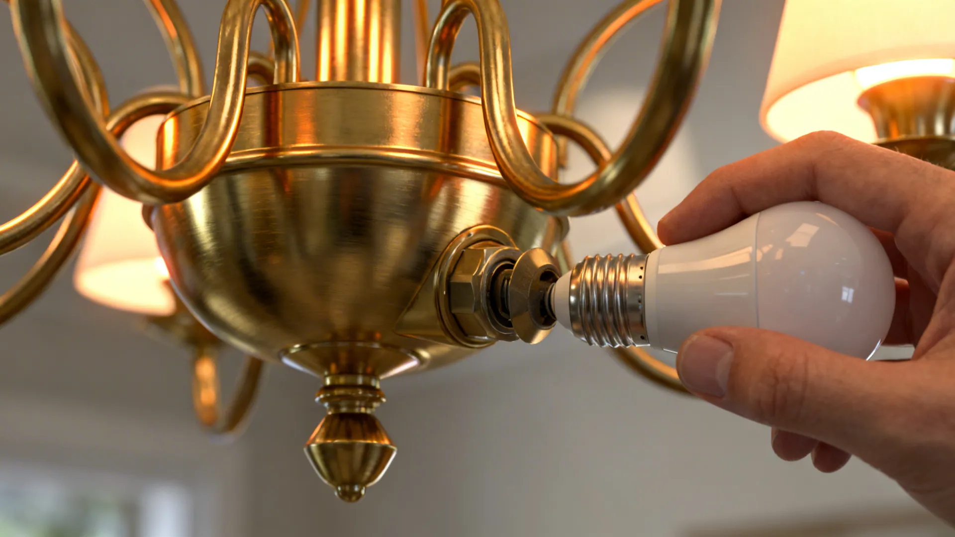 Macro detail of a brushed gold chandelier finish and a hand installing a warm smart bulb.