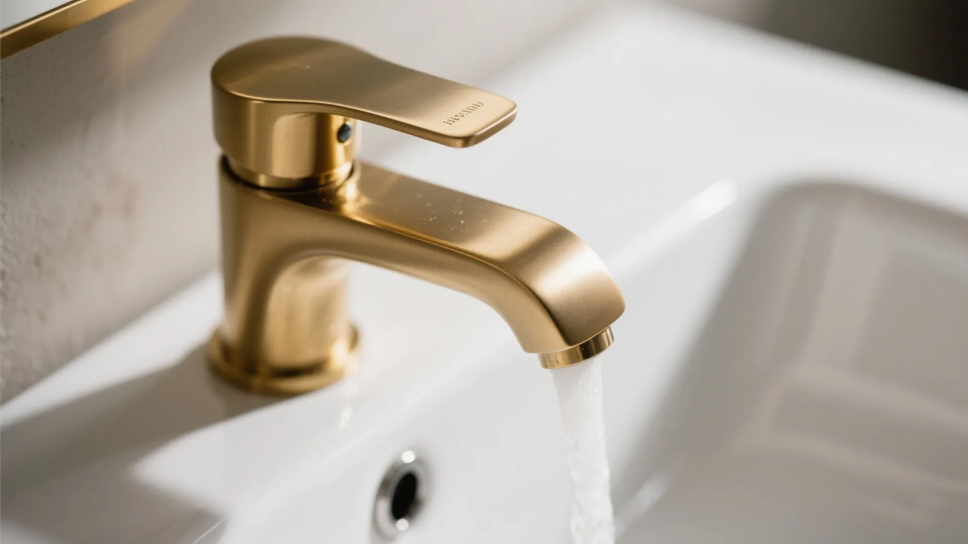 Close up of a brushed gold water tap with running water on a white ceramic sink