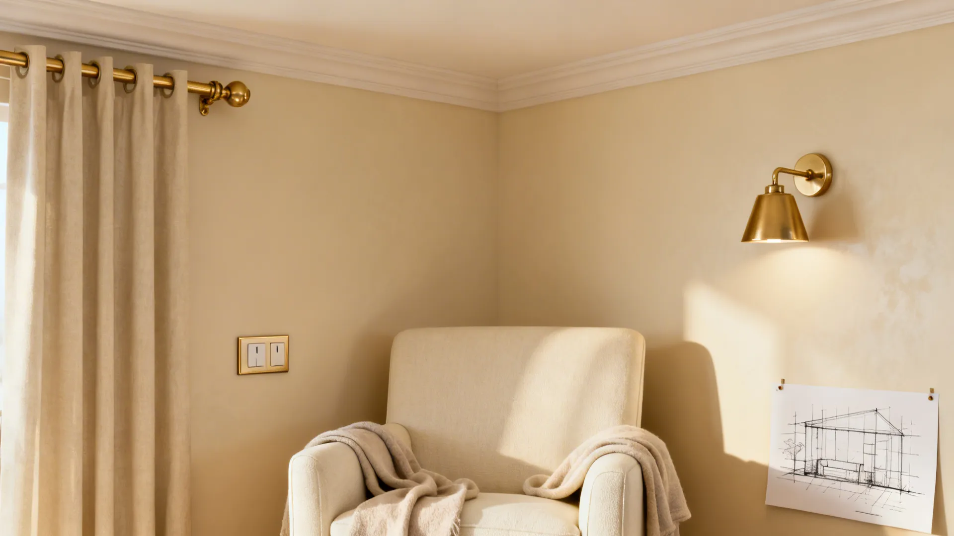 Cream-walled corner with brushed gold curtain rod, sconce, and switch plate.