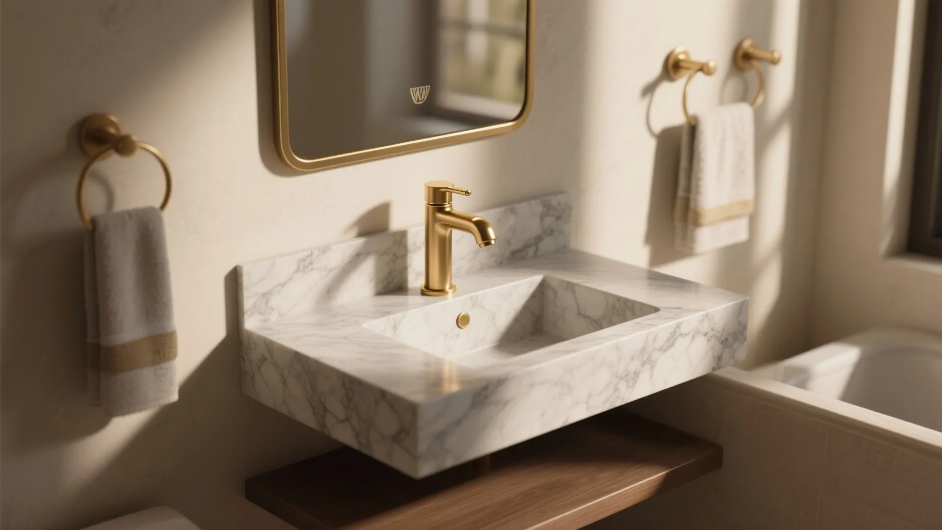 Small vanity with a brushed gold faucet paired with a natural marble countertop and brass-framed mirror