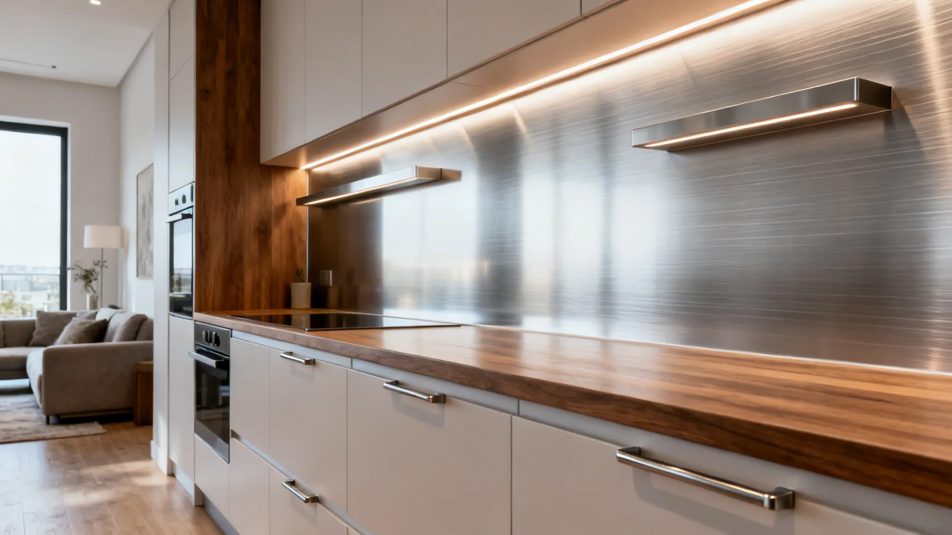 Studio kitchen with brushed aluminum peel panels reflecting soft light.