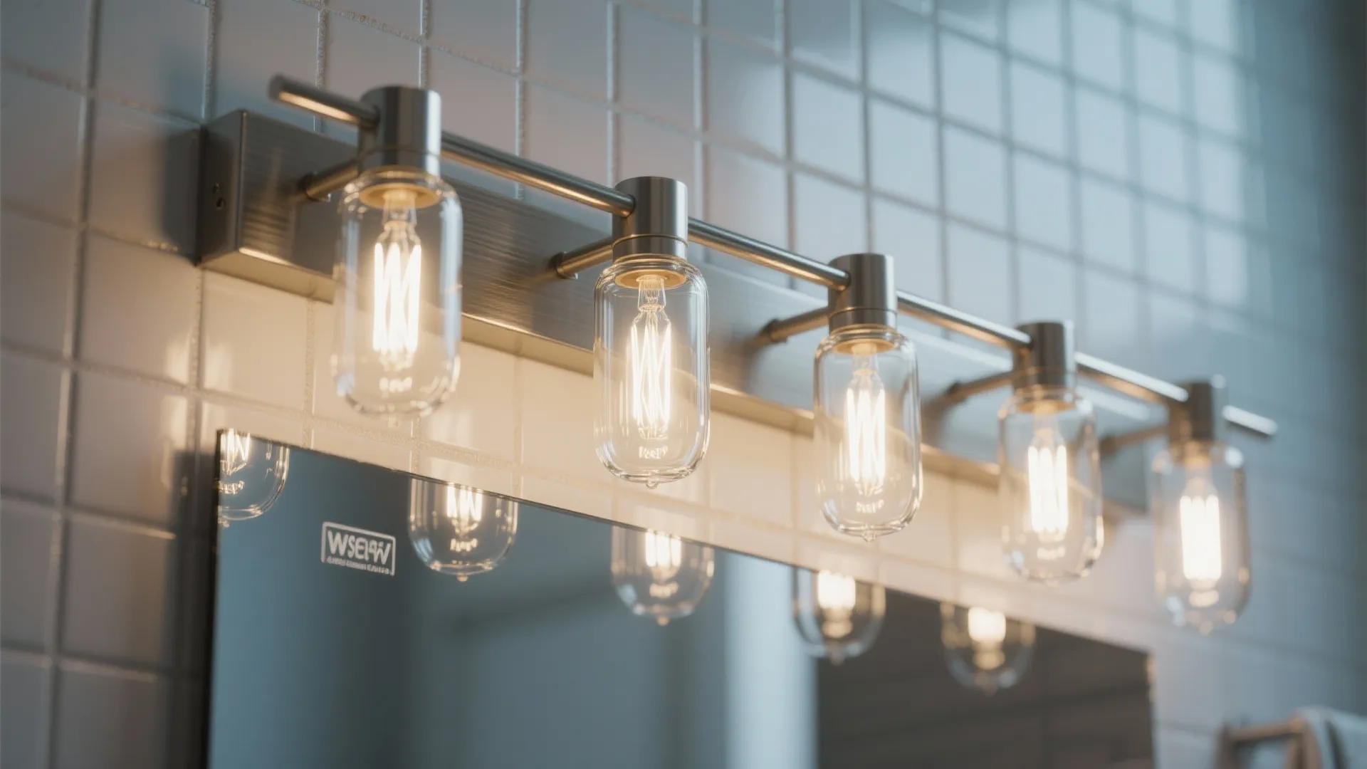 Brushed metal light fixture with four clear glass bulbs installed above a large bathroom mirror