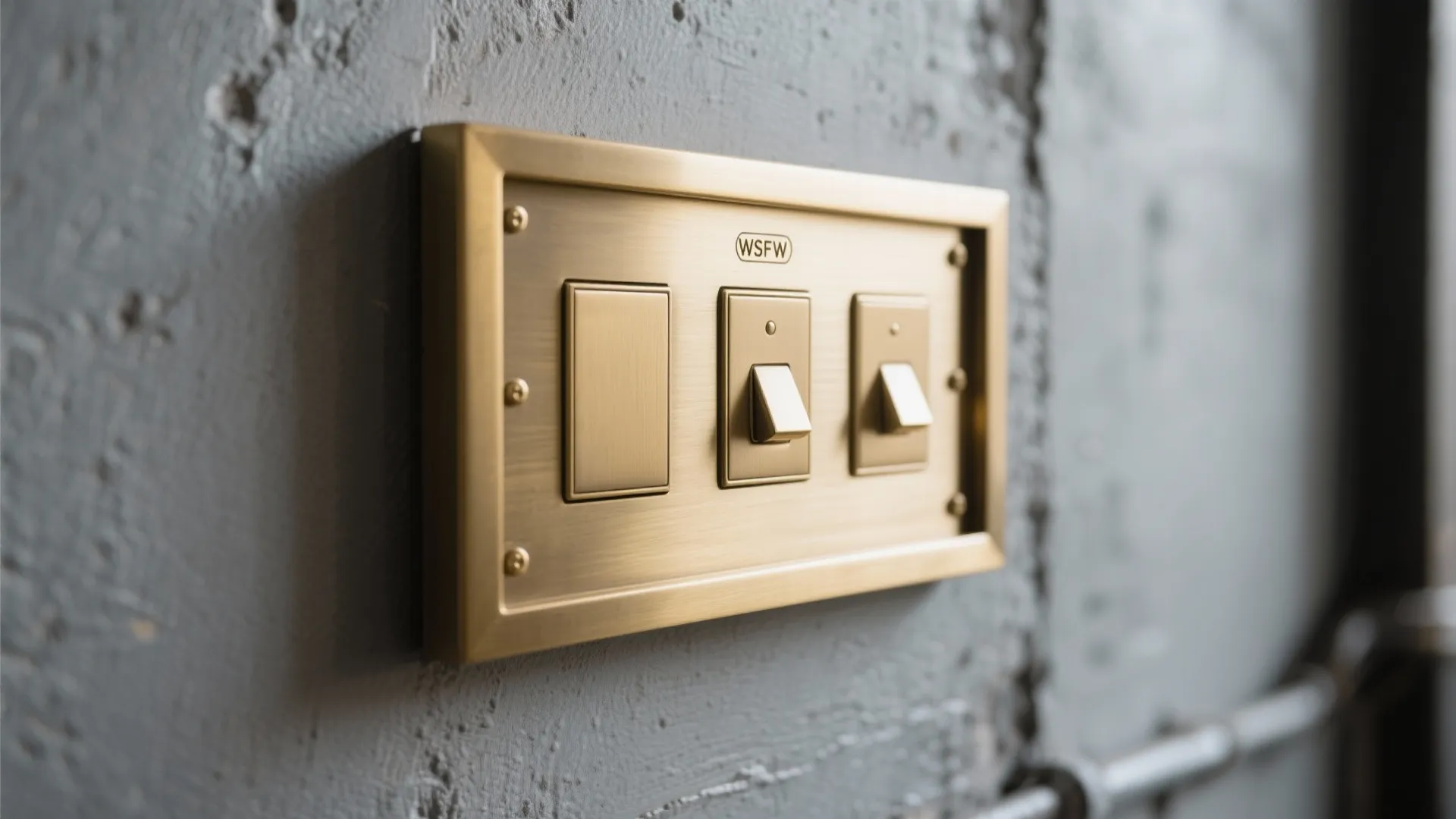 Gold brushed metal light switch panel with three toggles mounted on a grey textured wall