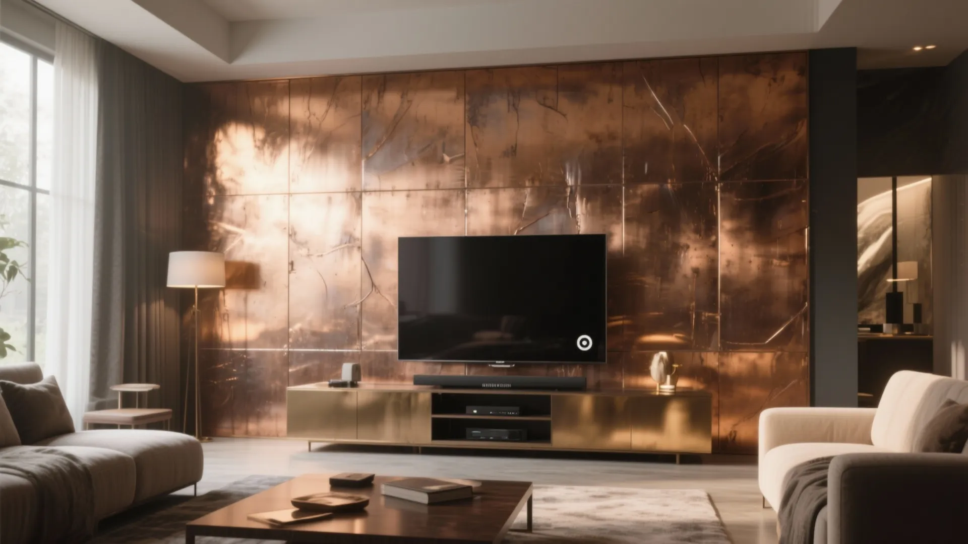 Living room with a warm brushed-bronze metal accent wall behind a media console, showing subtle reflections.