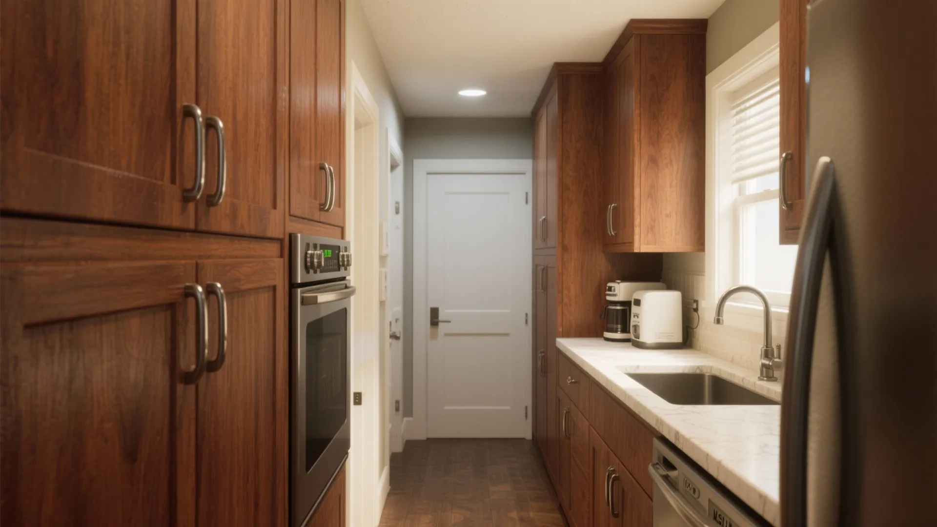 Narrow kitchen with dark wood cabinets metal handles white countertop sink and a white door