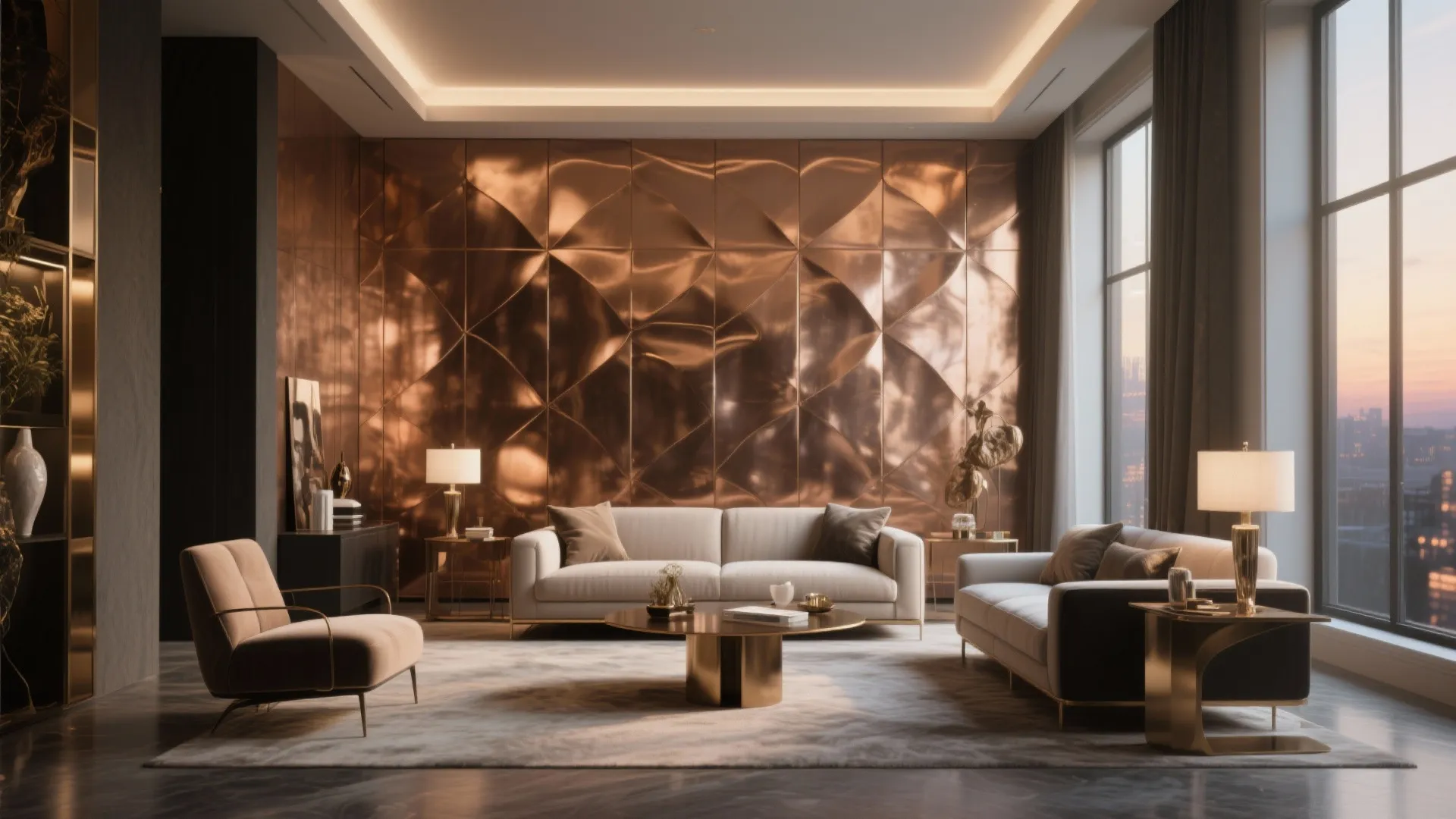 Luxury living room with shiny copper wall panels white sofas golden coffee table and windows