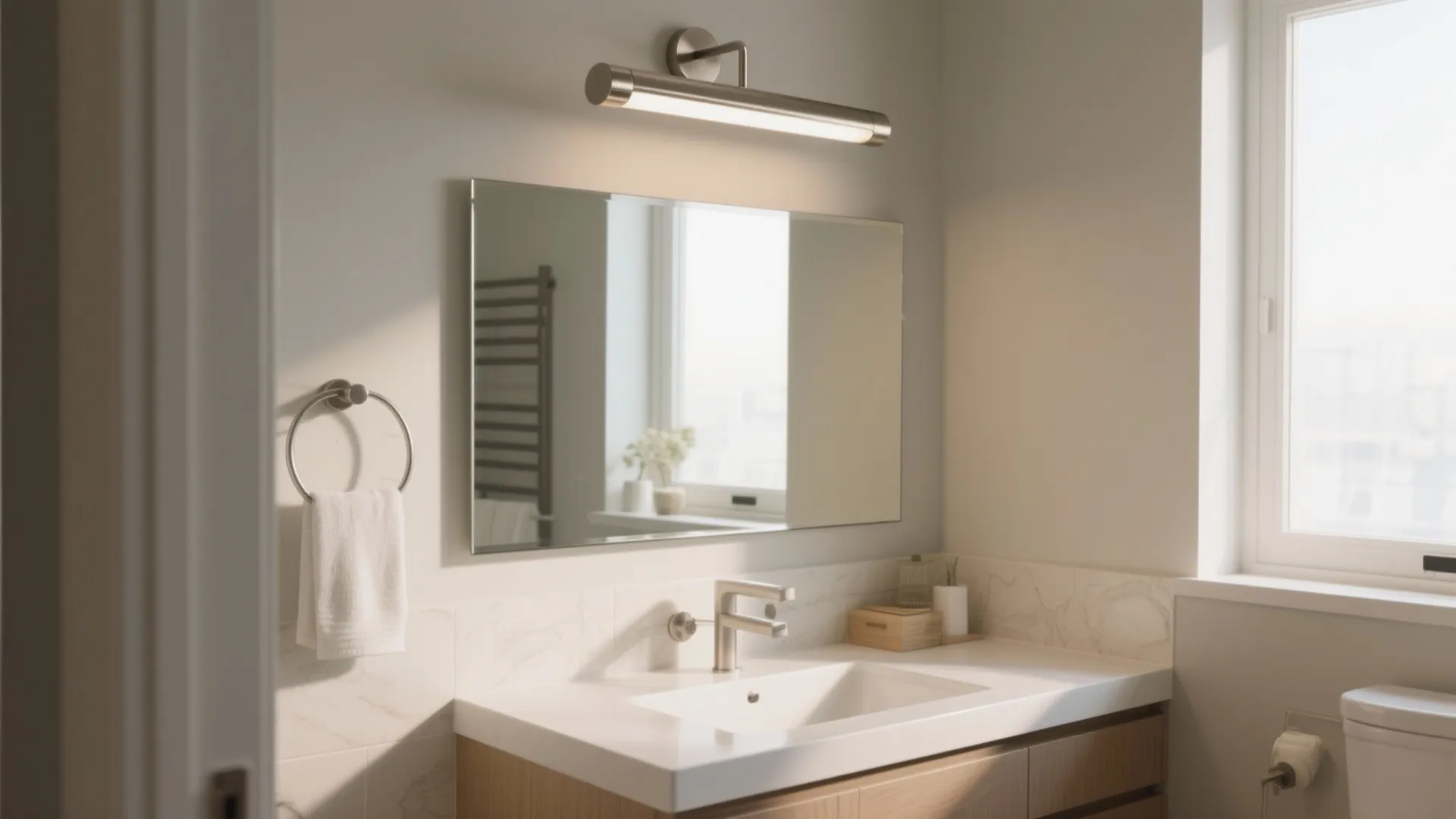 Modern bathroom vanity with a white sink, rectangular mirror, wall light, and a white towel