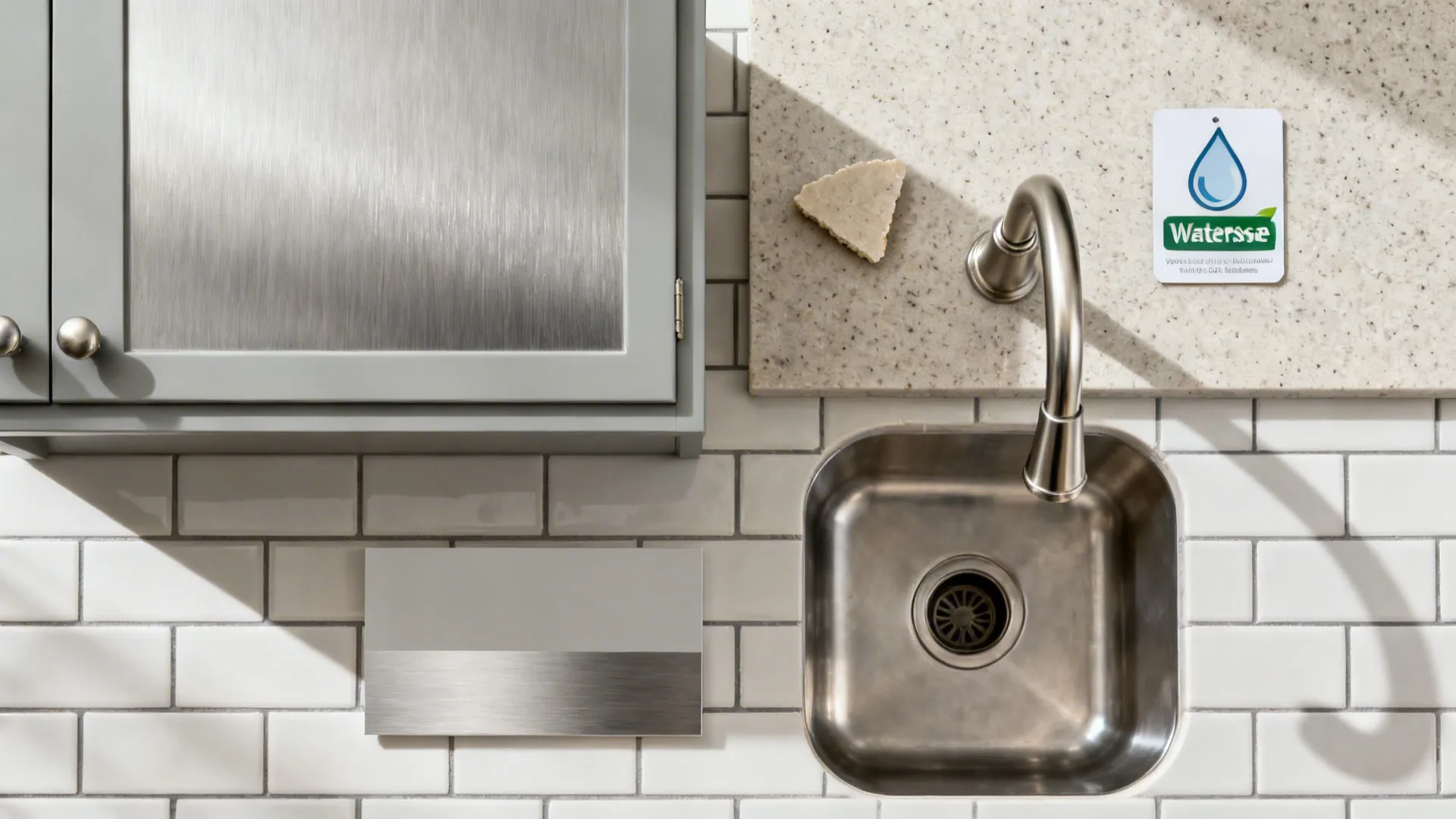 Top-down material flatlay with brushed nickel, pale gray tile, stainless, and quartz samples.