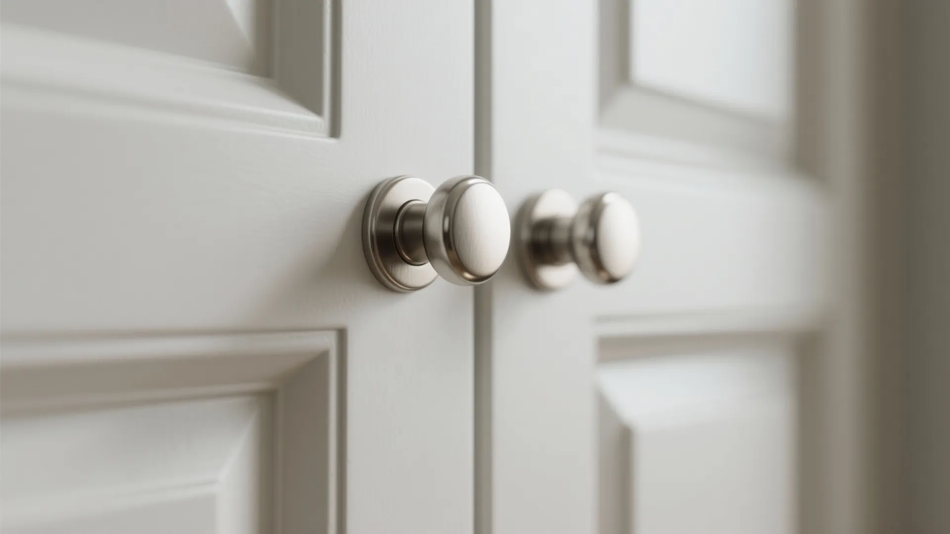 Brushed nickel handles on white cabinets