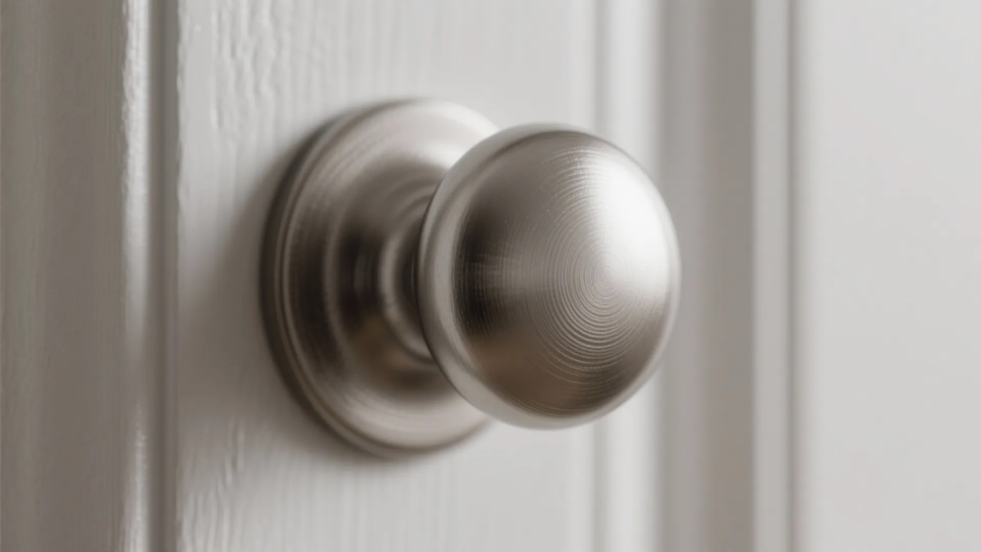 Close up of a round brushed metal door knob installed on a white wooden cabinet door