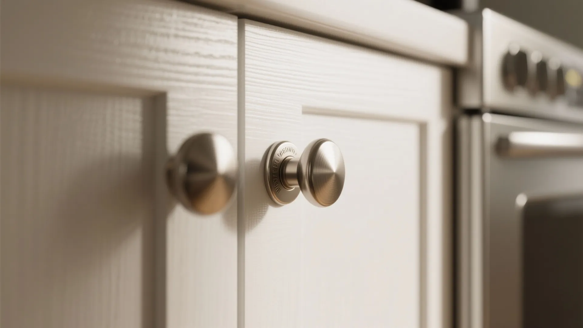 Brushed nickel round knobs installed on white wooden kitchen cabinets next to a stainless oven