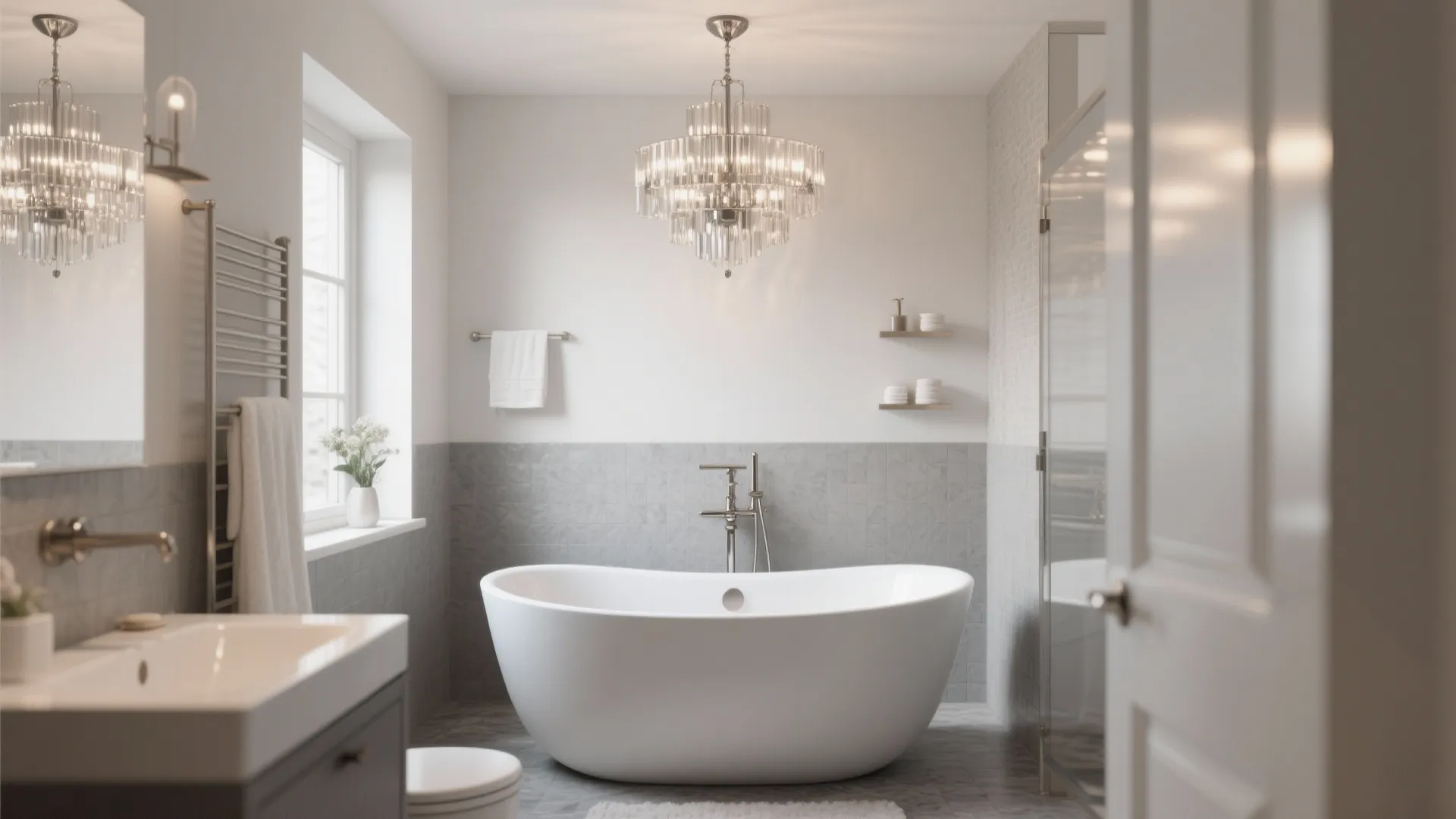 Luxury bathroom interior featuring large white bathtub elegant ceiling light grey wall tiles and window