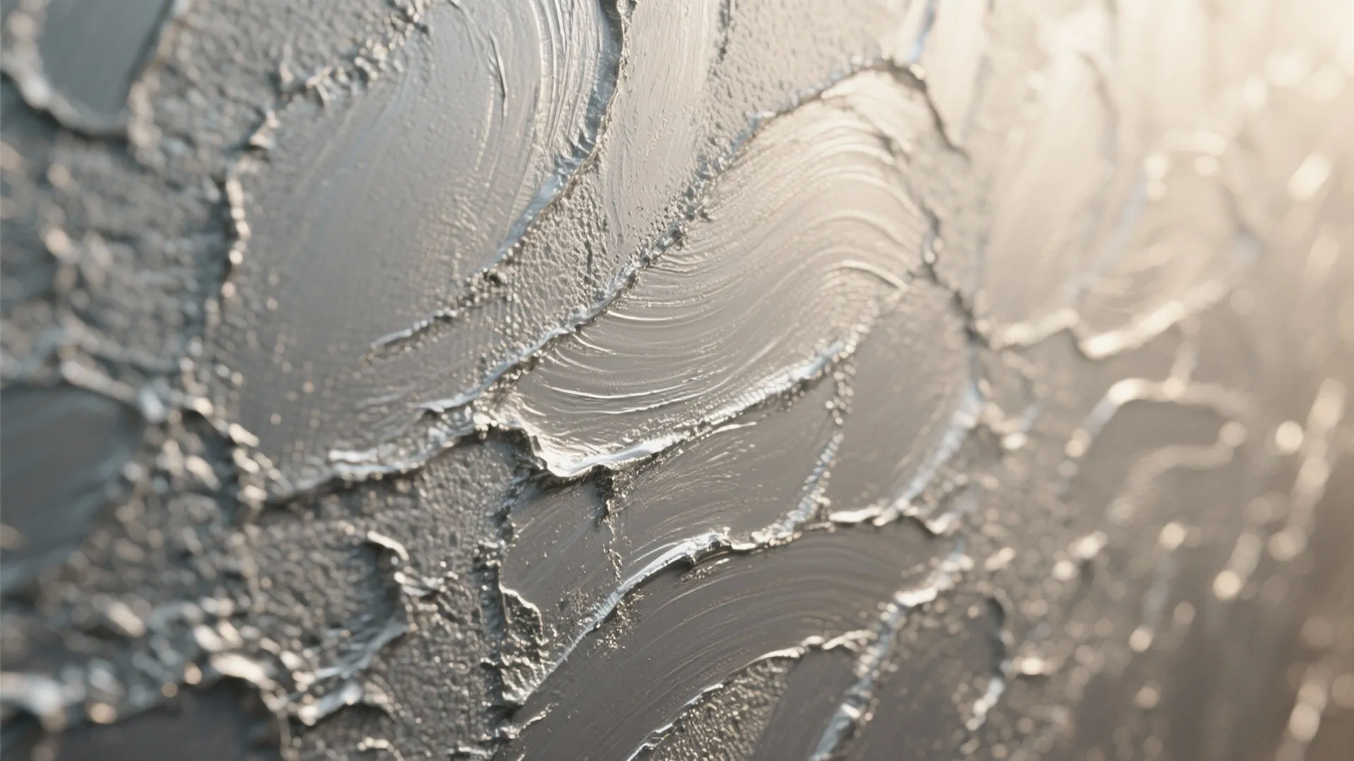 Close up view of silver textured wall panel with rough brush strokes and metallic finish