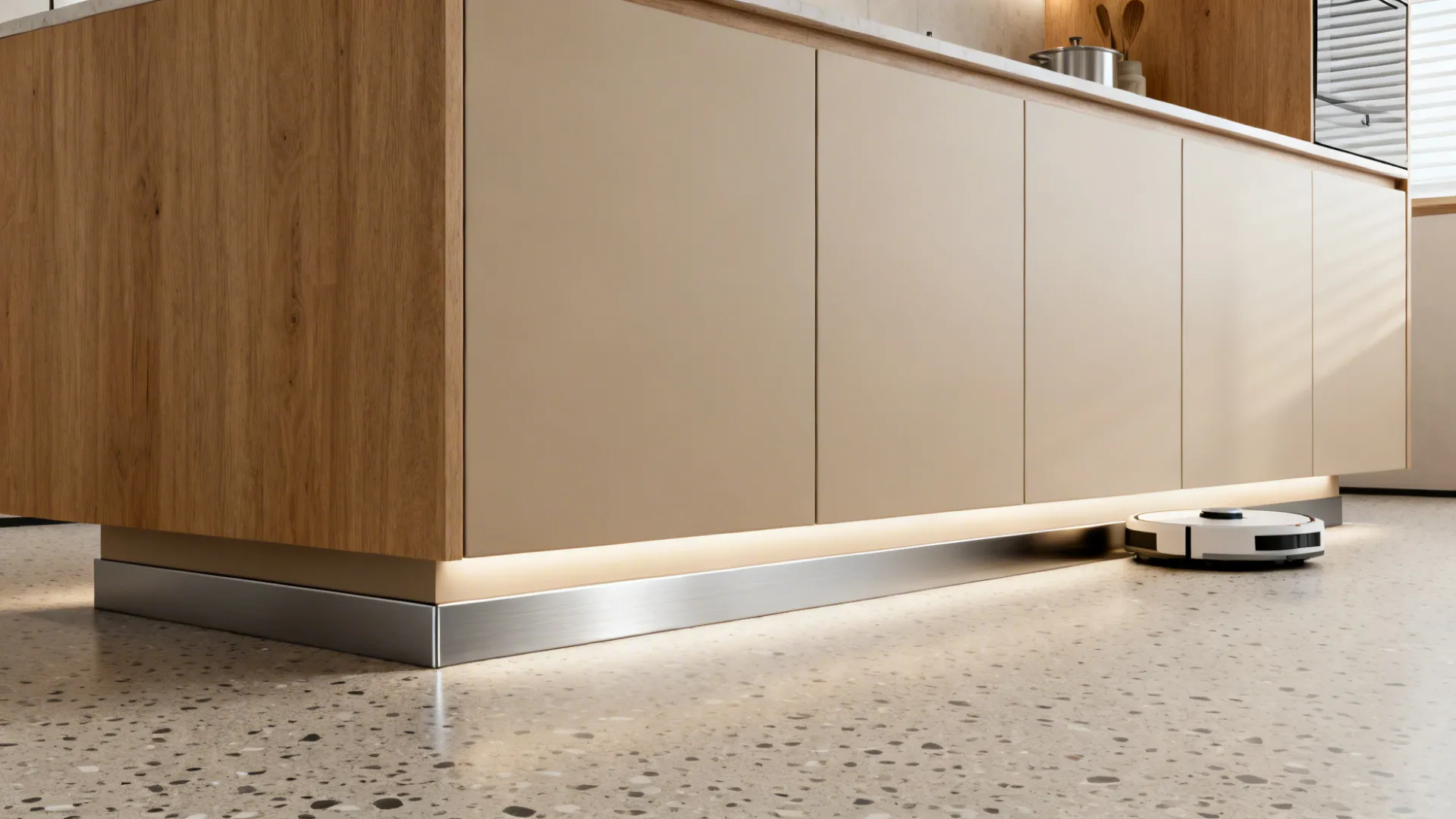 Modern kitchen cabinet base with warm light strip and white robot vacuum on the floor