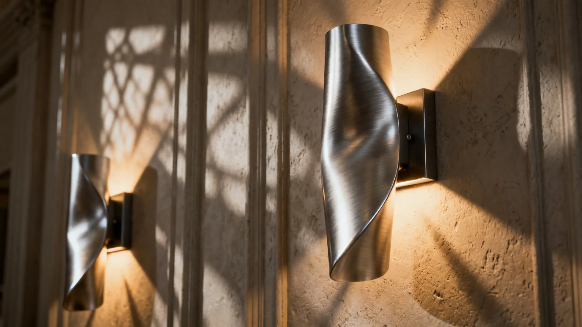 Asymmetrical brushed silver wall sconces casting warm patterned shadows on a textured wall.