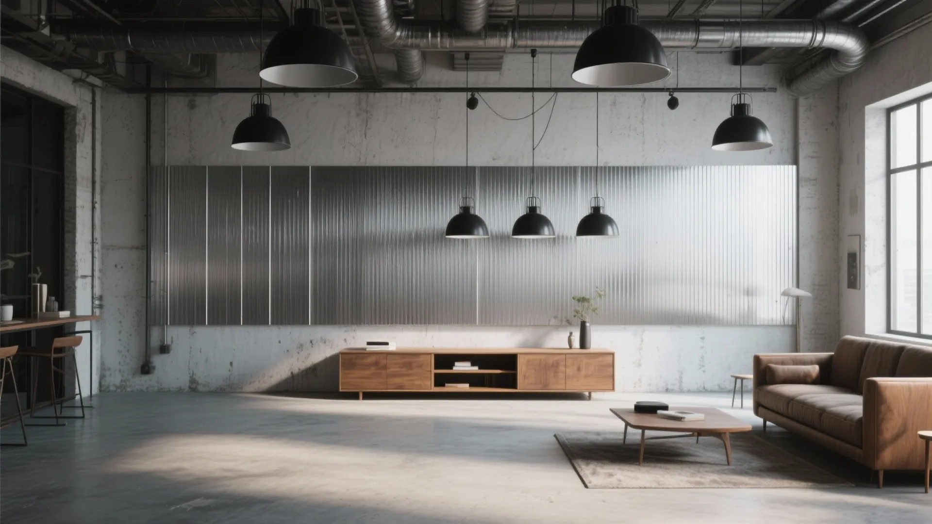 Industrial living room with silver wall panel black ceiling lights brown sofa and wooden cabinet