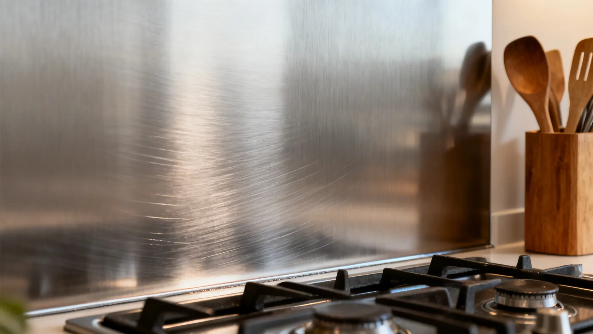 Macro of brushed stainless steel splashback with fine grain and warm task lighting.