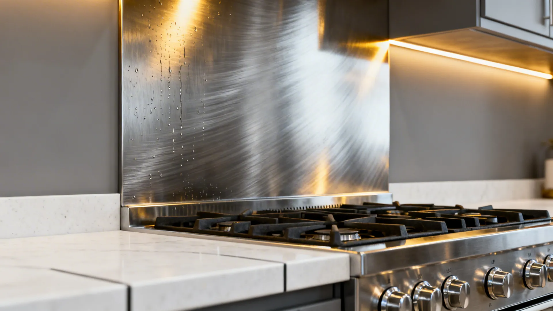 Brushed stainless steel backsplash with visible grain behind a professional range