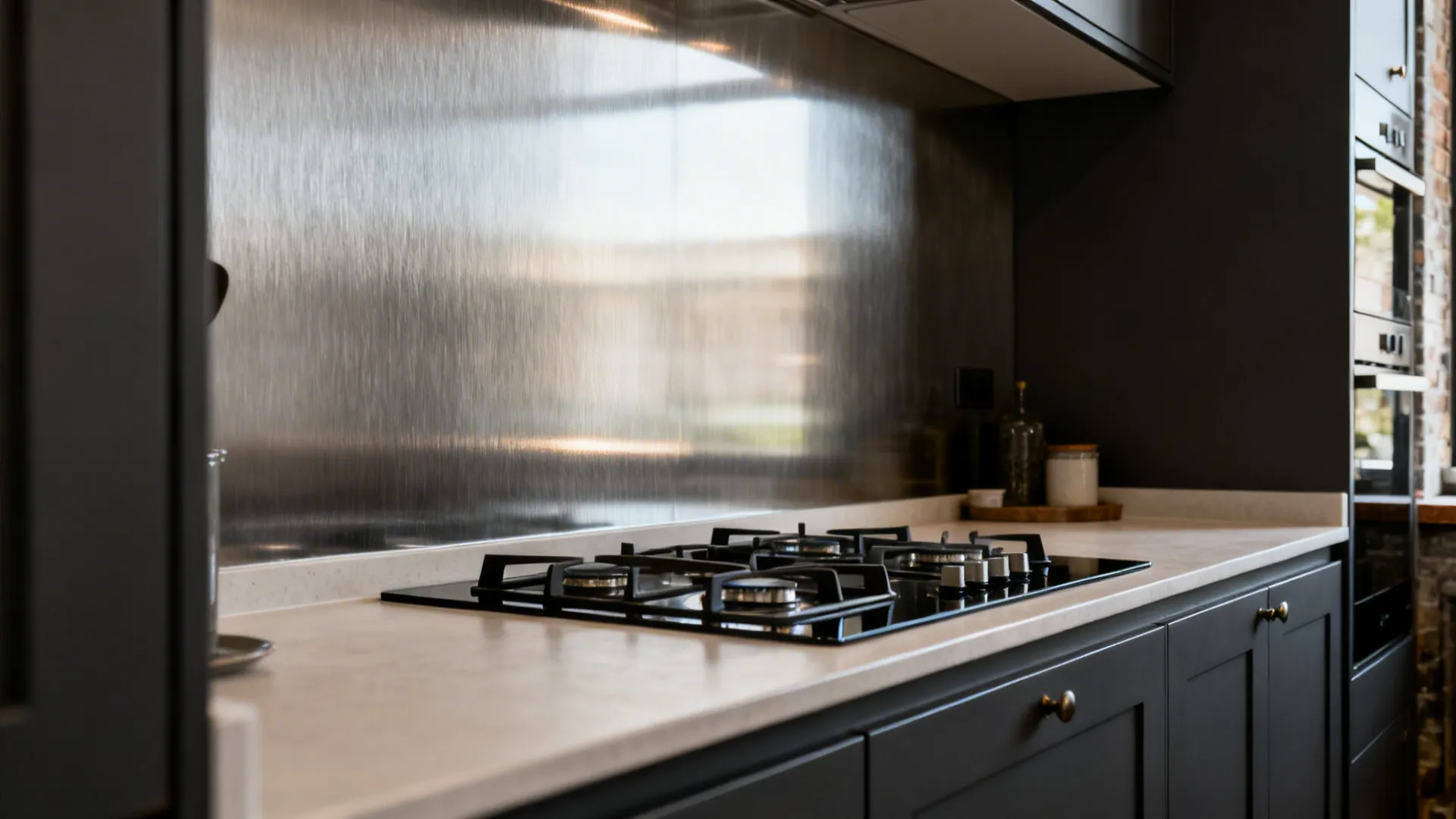 Small UK galley kitchen with brushed stainless steel splashback behind the hob for a pro look.