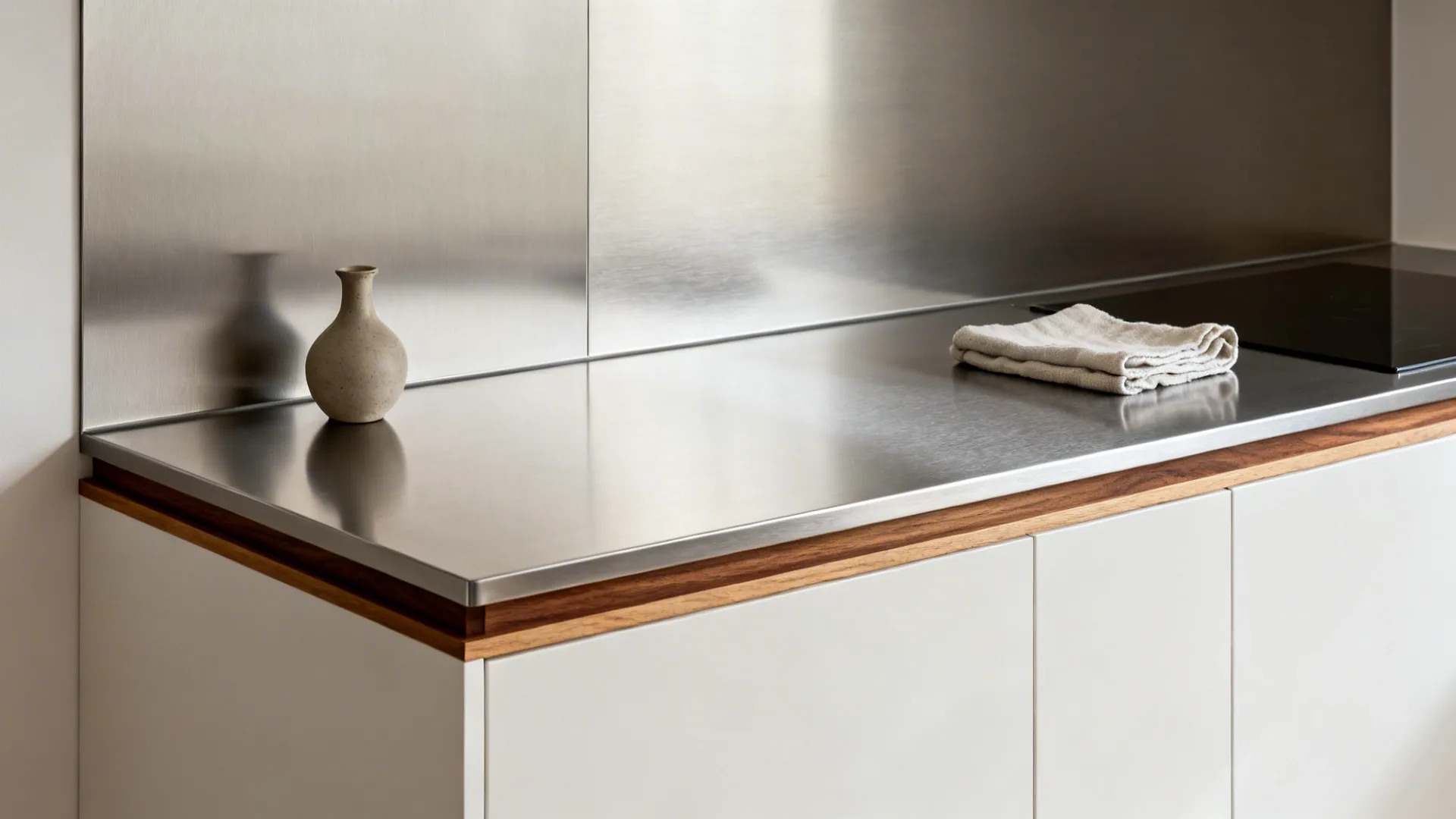 Brushed stainless countertop with oak rails and a walnut ledge creating a warm, balanced palette.