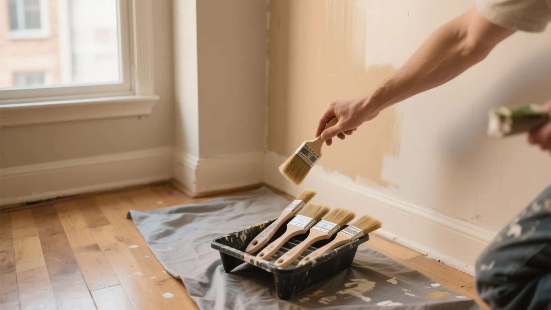 Person painting cream wall with brush near a tray of paintbrushes on a wood floor