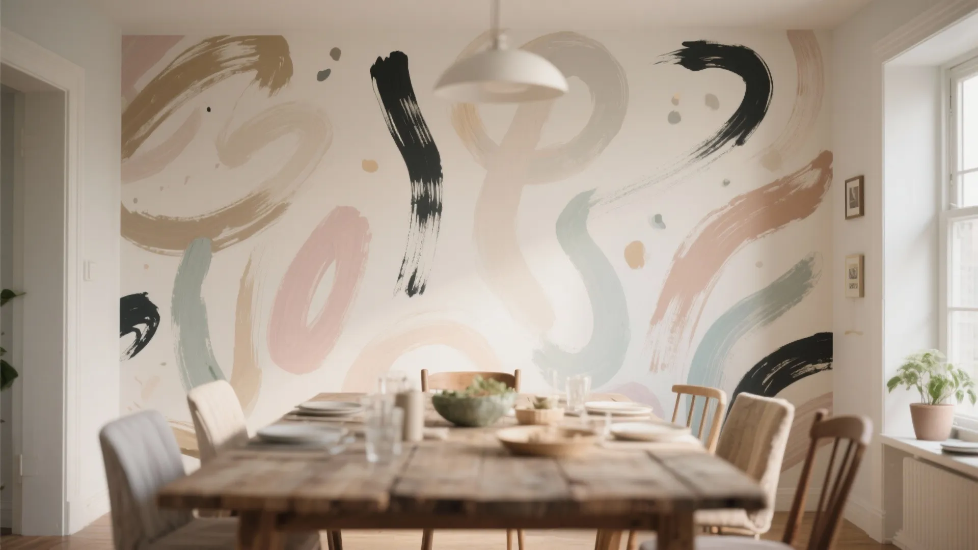 Dining room with wallpaper of artistic brushstrokes in soft tones