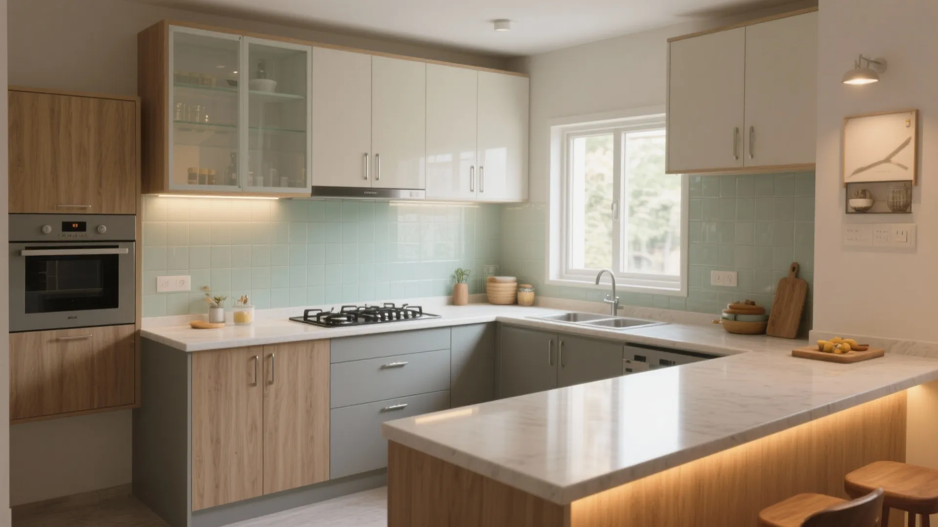 Modern kitchen with green wall tiles wooden cabinets white marble countertop gas stove and breakfast stools