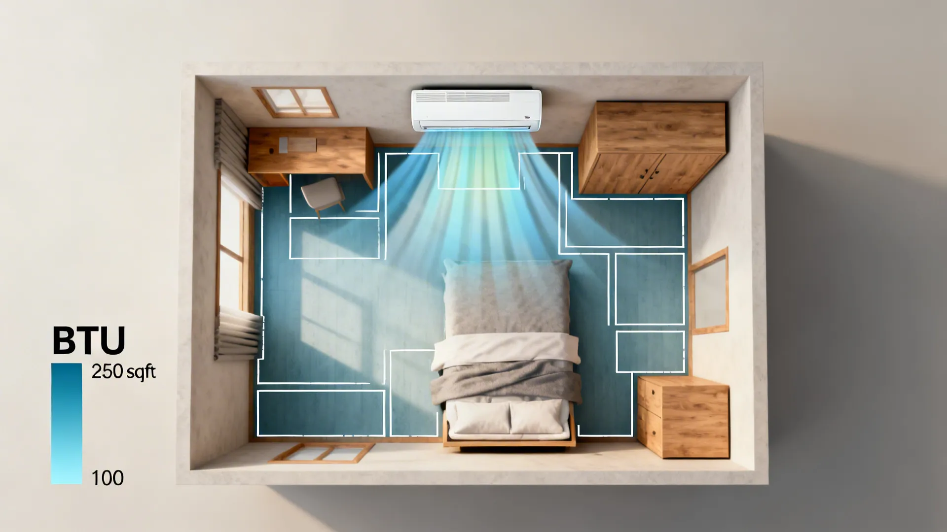 Top-down floor plan mockup showing BTU sizing zones and cool-air spread in a small bedroom.