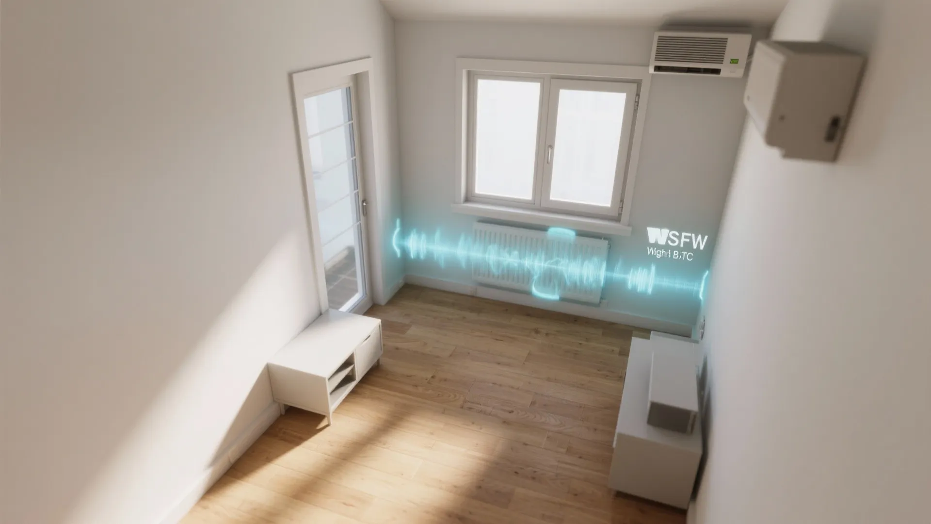 Top-down tiny room plan with mini split on long wall and subtle thermal cues for BTU sizing.