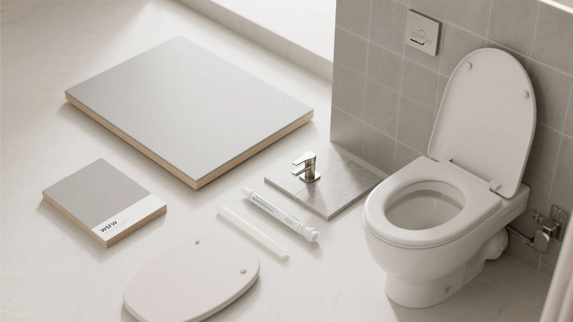 Flat lay of MDF panels, tiles, hardware, and finishes for back-to-wall toilet design