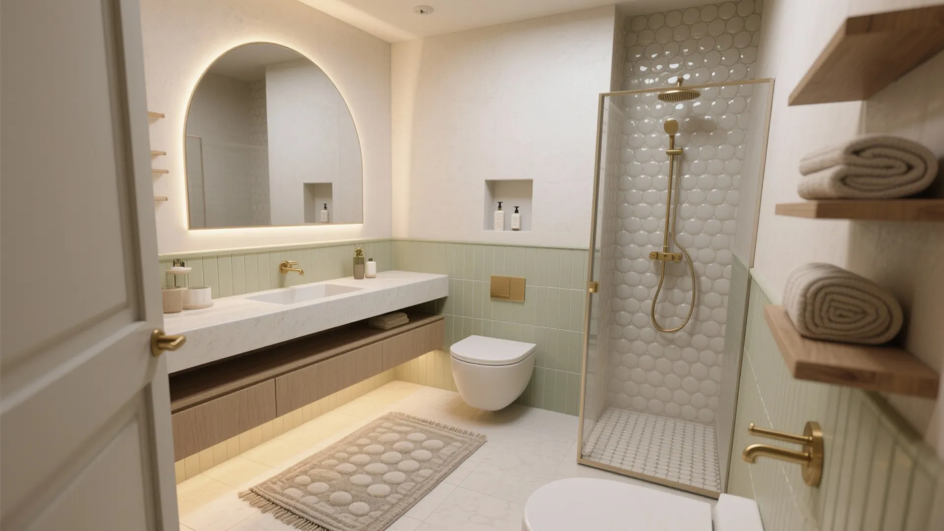 Modern bathroom with green wall panels white sink round mirror glass shower and gold light fixtures