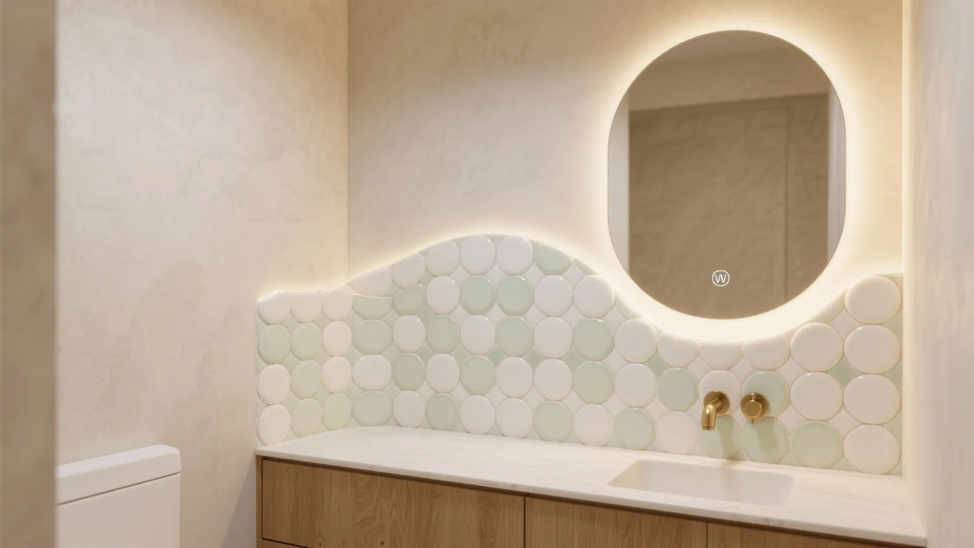Bathroom vanity with marble counter wood cabinet round glowing mirror and green wavy circular tile