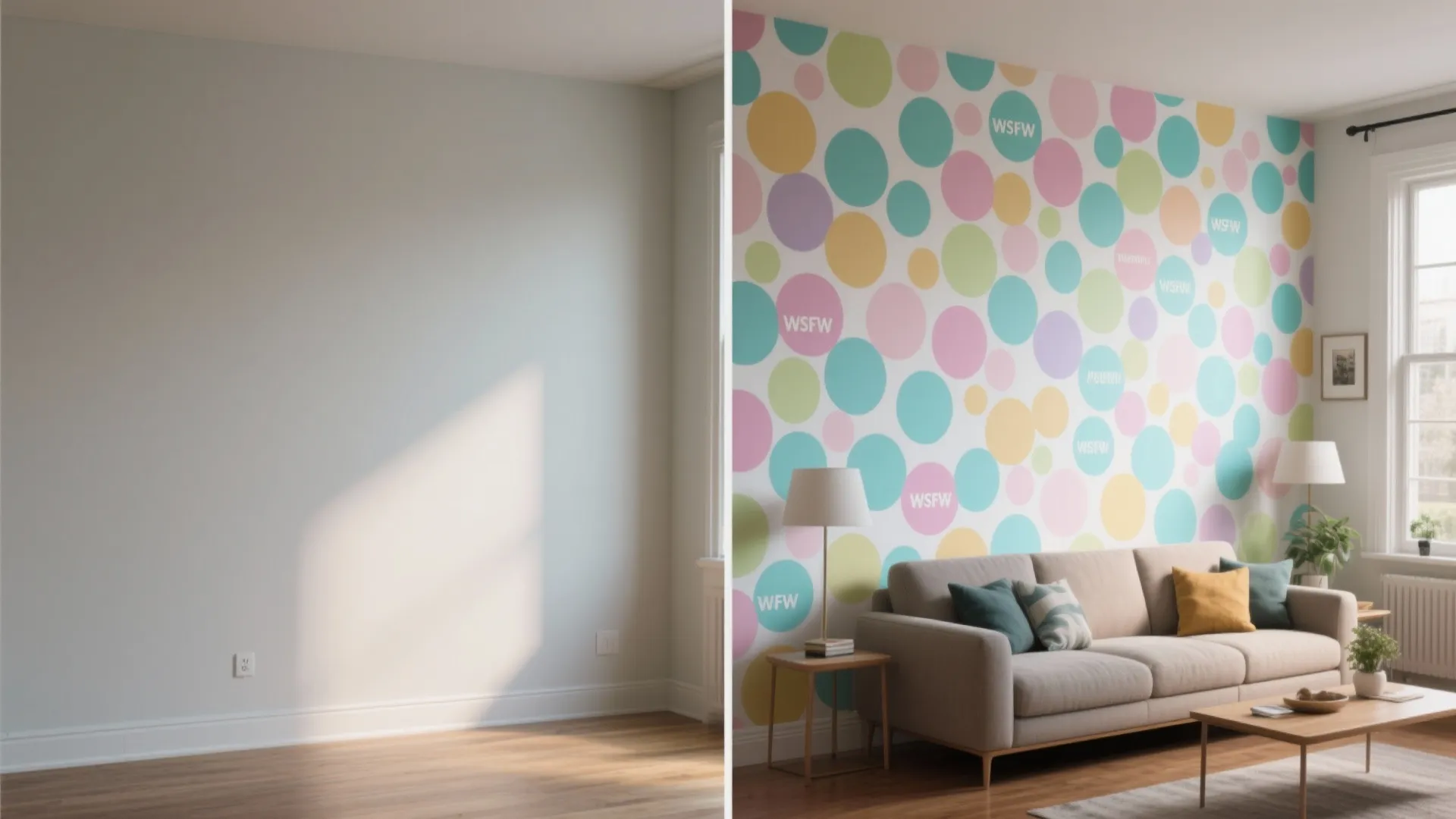 Before and after comparison of plain white wall versus colorful circle pattern decorated living room