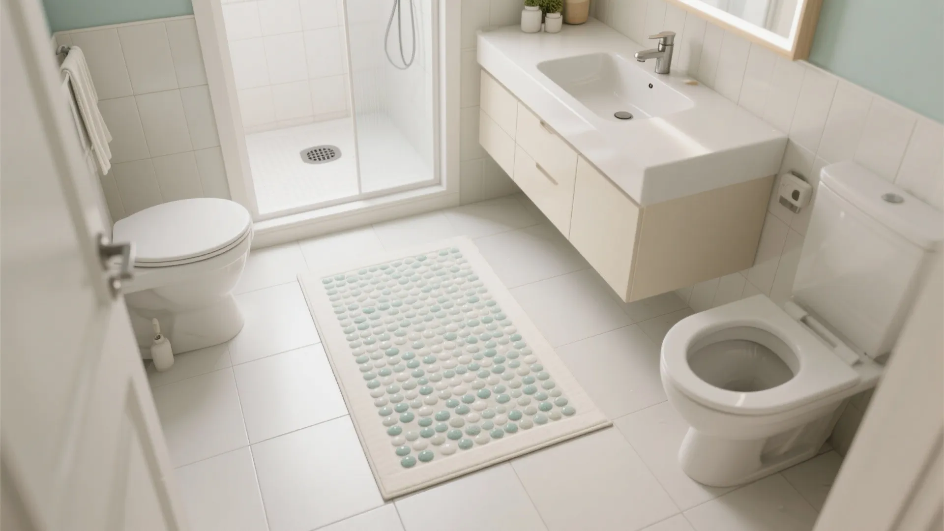 White bathroom interior with floor rug toilet sink cabinet shower area and white wall tiles