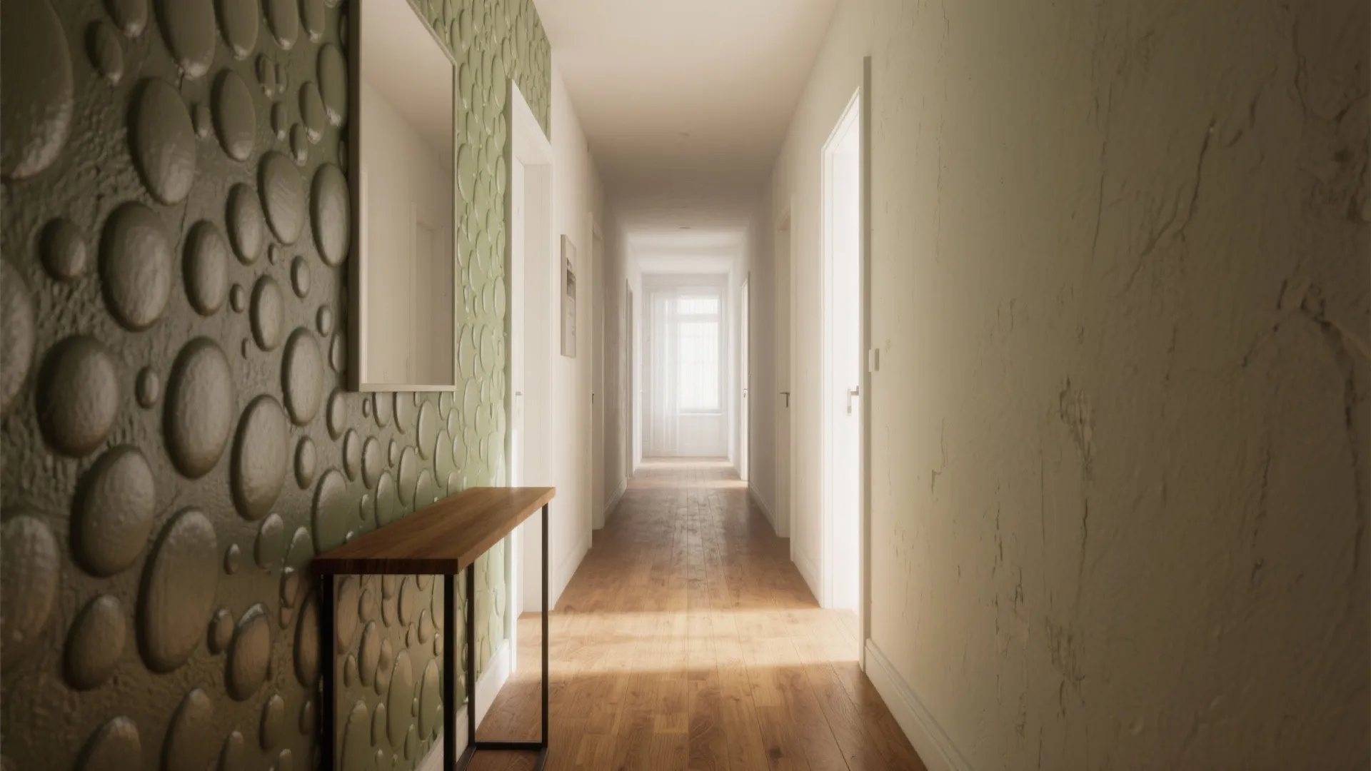 Long bright hallway with green bubble wall panel small wooden table wooden floor and doors