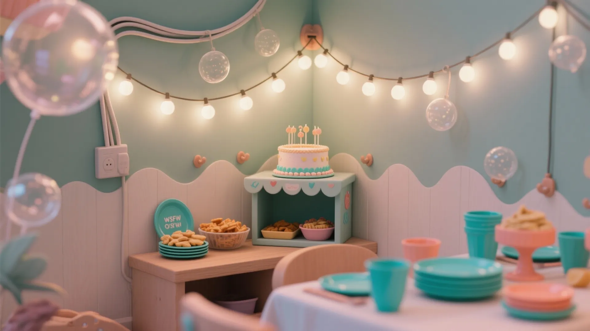 Snack station corner with frosted bubble string lights, warm glow, hidden cables, and ocean-color accents for a small kids party.