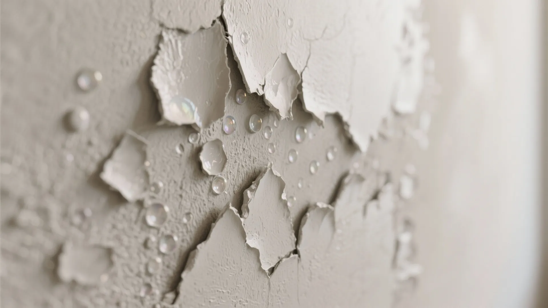 Close up view of peeling wall paint with water bubbles showing moisture damage on surface