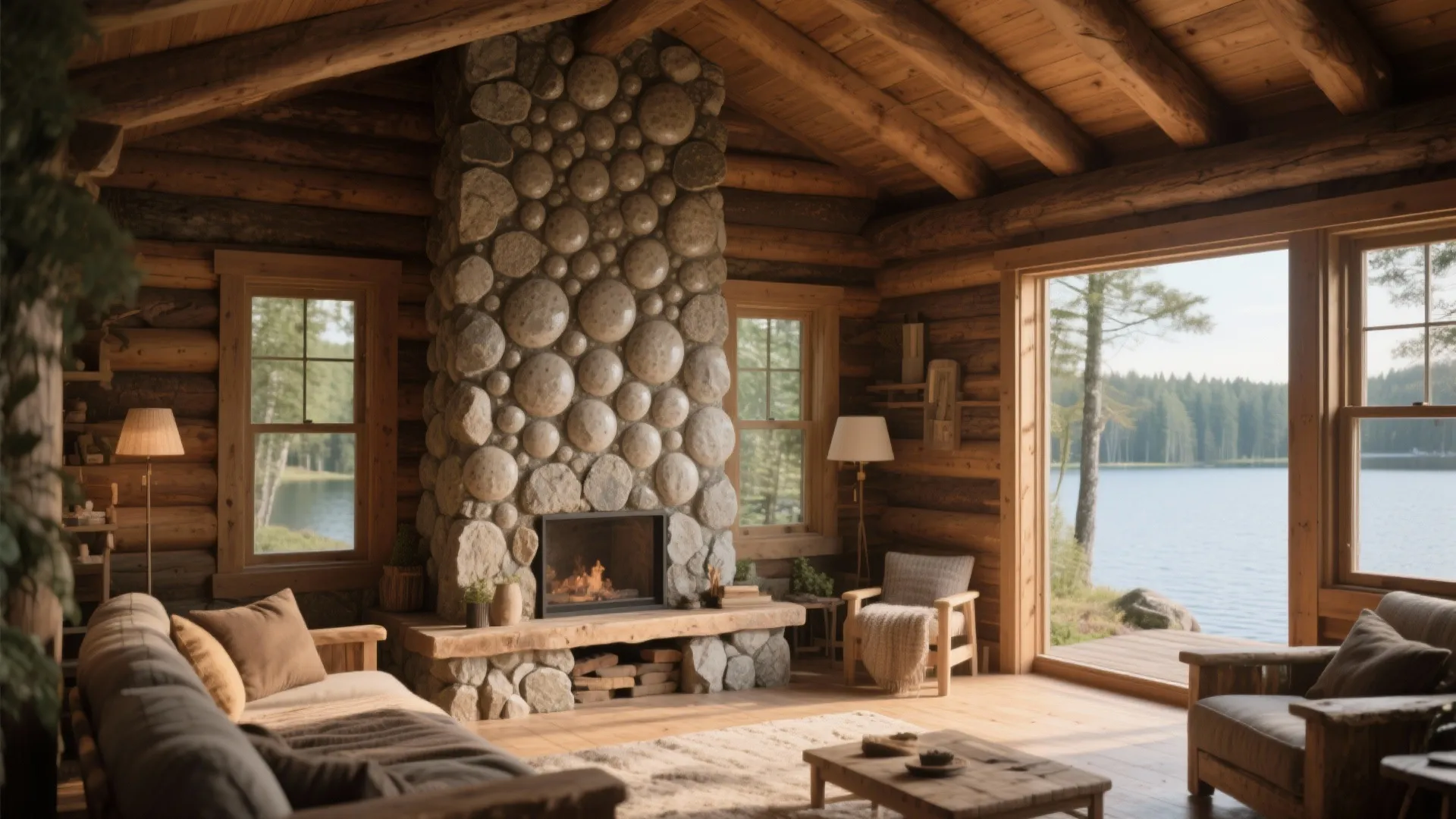 Bubble texture wall contrasting with rustic wood in a cozy cabin