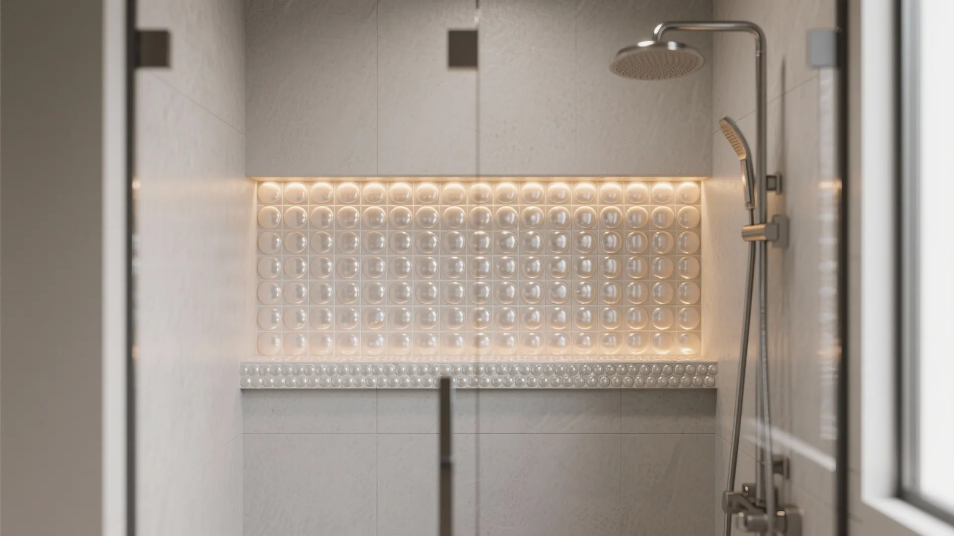 Close up of a shower area with light grey wall tiles and a glowing wall shelf