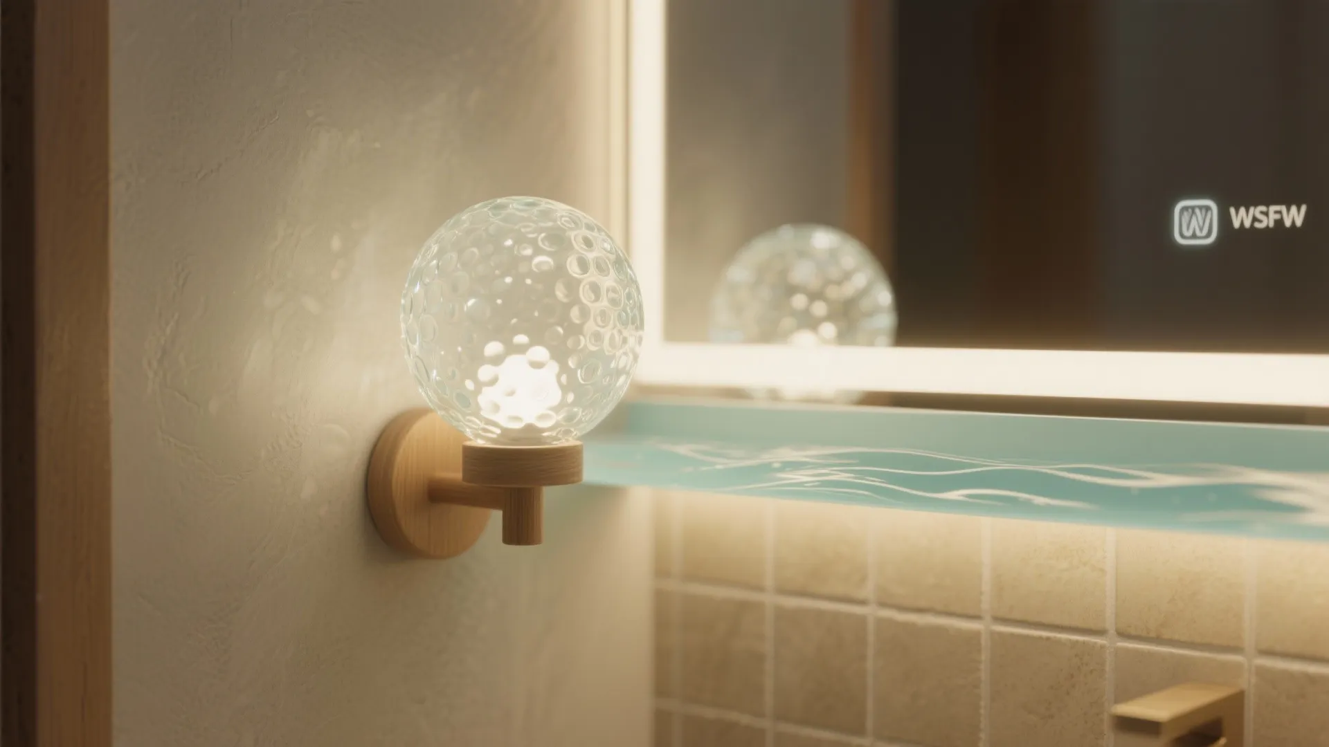 Round glass wall light with bubble texture mounted on a wooden base near a lighted mirror