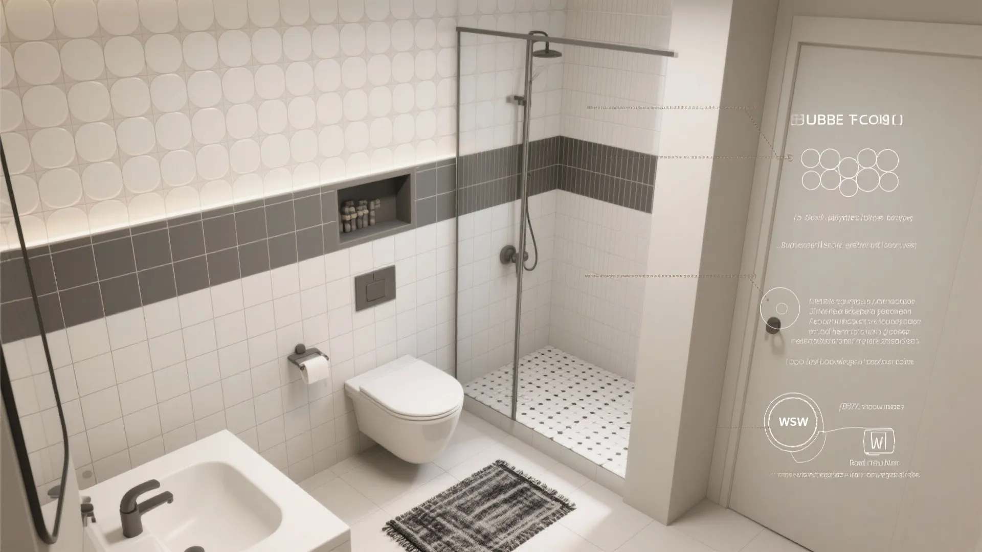 Modern bathroom interior design drawing with white toilet walk in shower sink and wall tiles