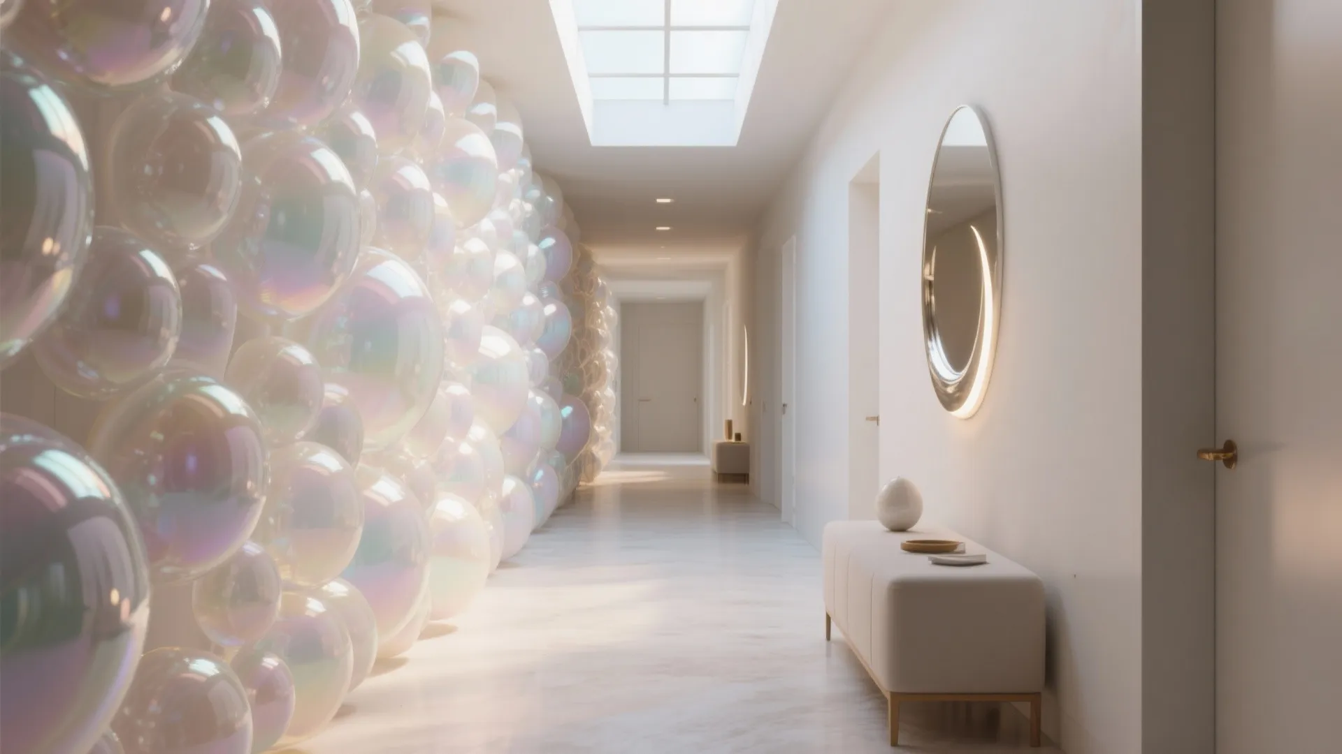 Bright hallway with a creative iridescent bubble wall feature a white bench and a mirror