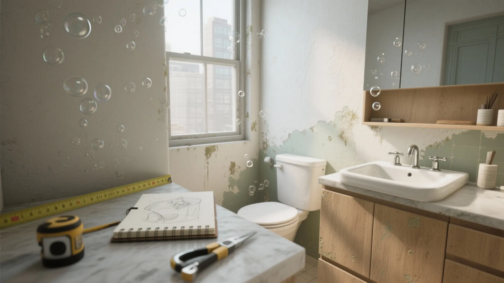 Bathroom interior with peeling wall paint bubbles toilet white sink mirror and home repair tools