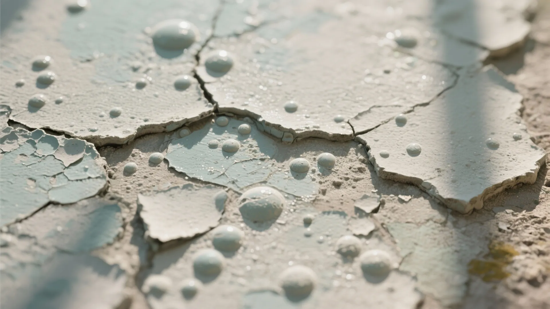 Close up view of damaged wall paint with large bubbles and cracks caused by moisture
