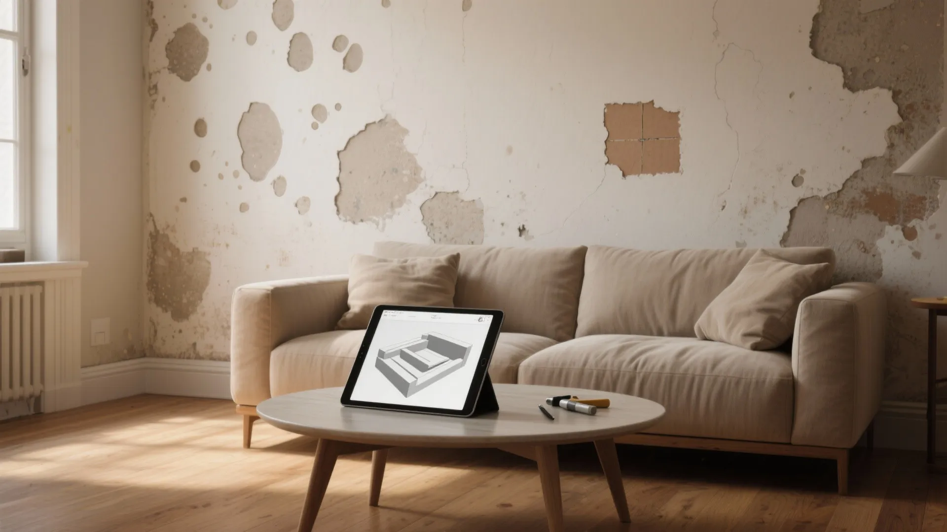 Living room with beige sofa and damaged wall displaying a furniture design on a tablet