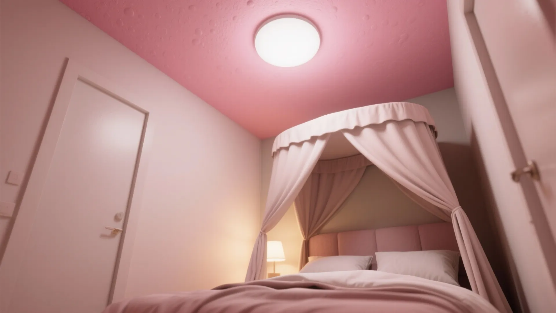 Pink bedroom featuring a canopy bed with white curtains and a round white ceiling light