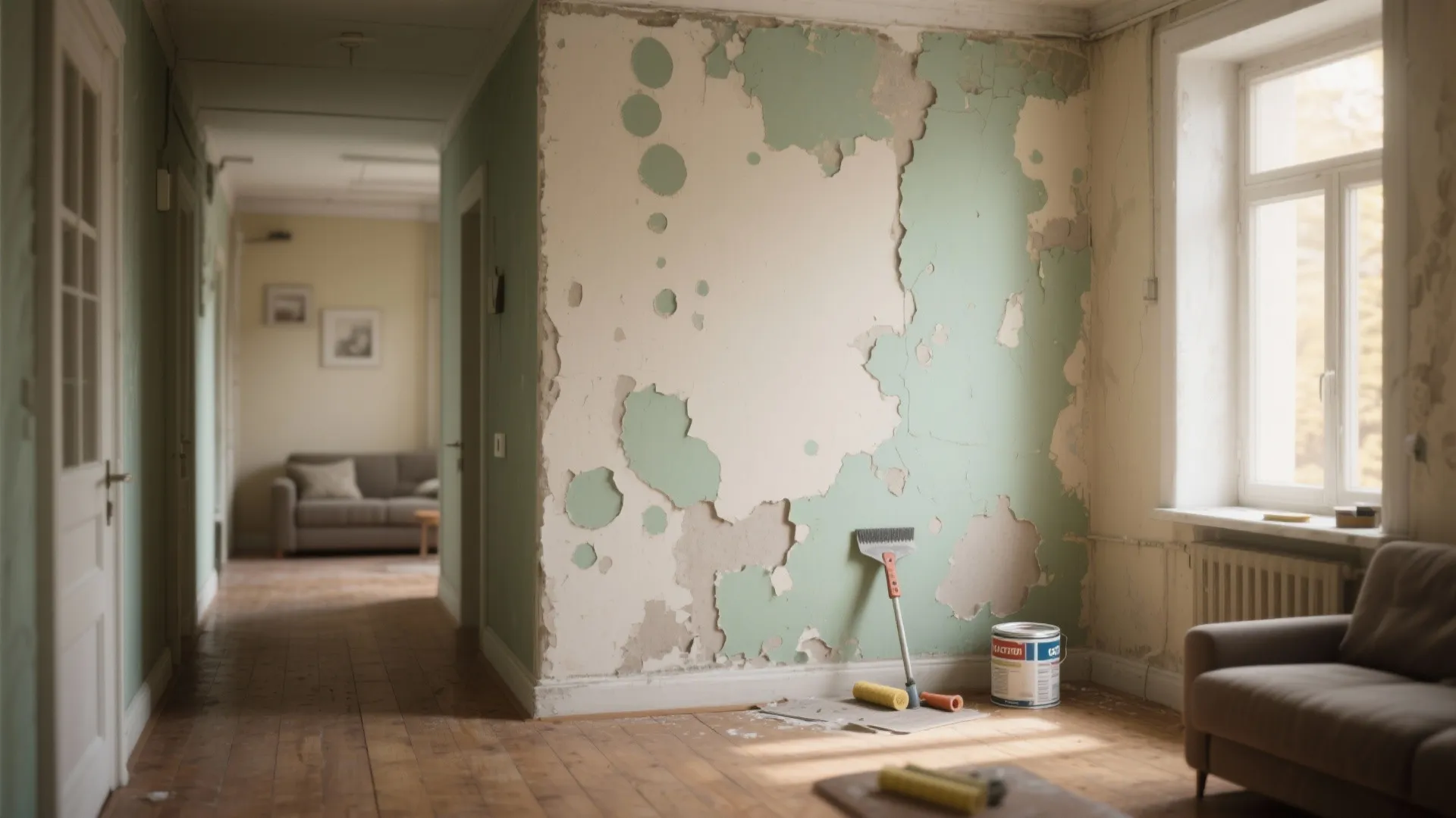 Living room interior with peeling green paint on the wall next to paint bucket and rollers